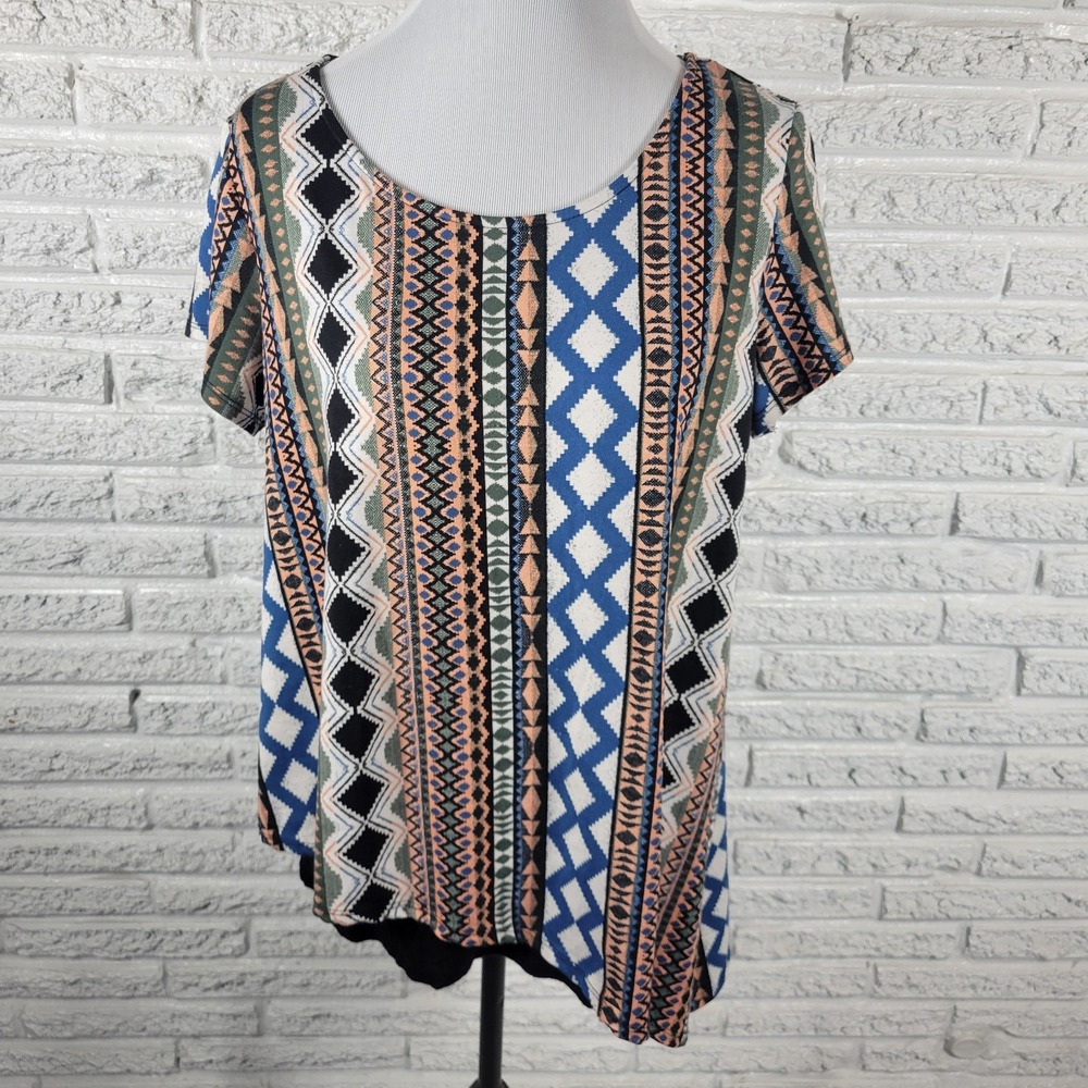 AB Studio XL Top Blouse Short Sleeve Tribal Geometric Multicolor Asymmetrical